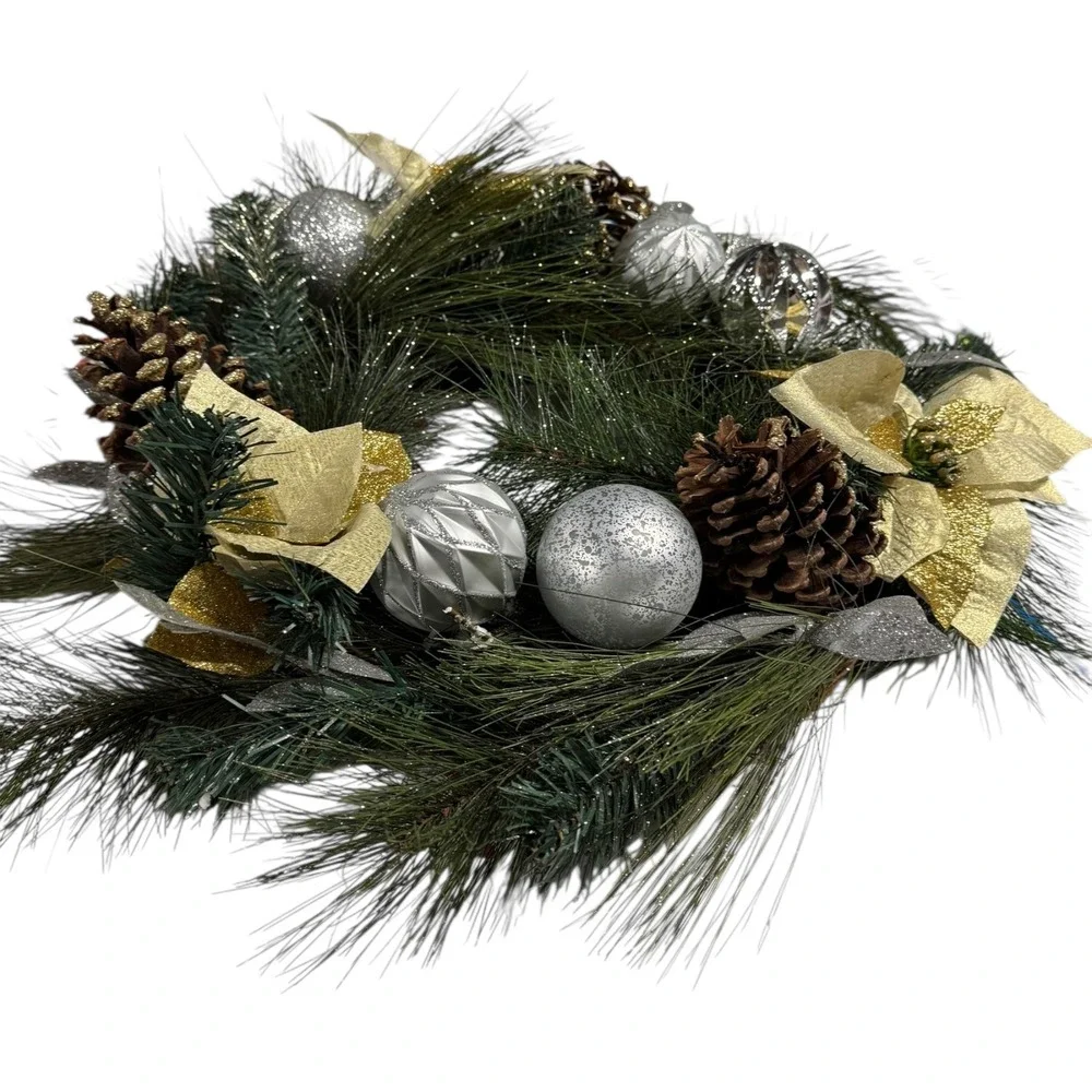Christmas Wreath‎ Holiday Pine Cone Ornament Gold Silver Decor 15 Inch